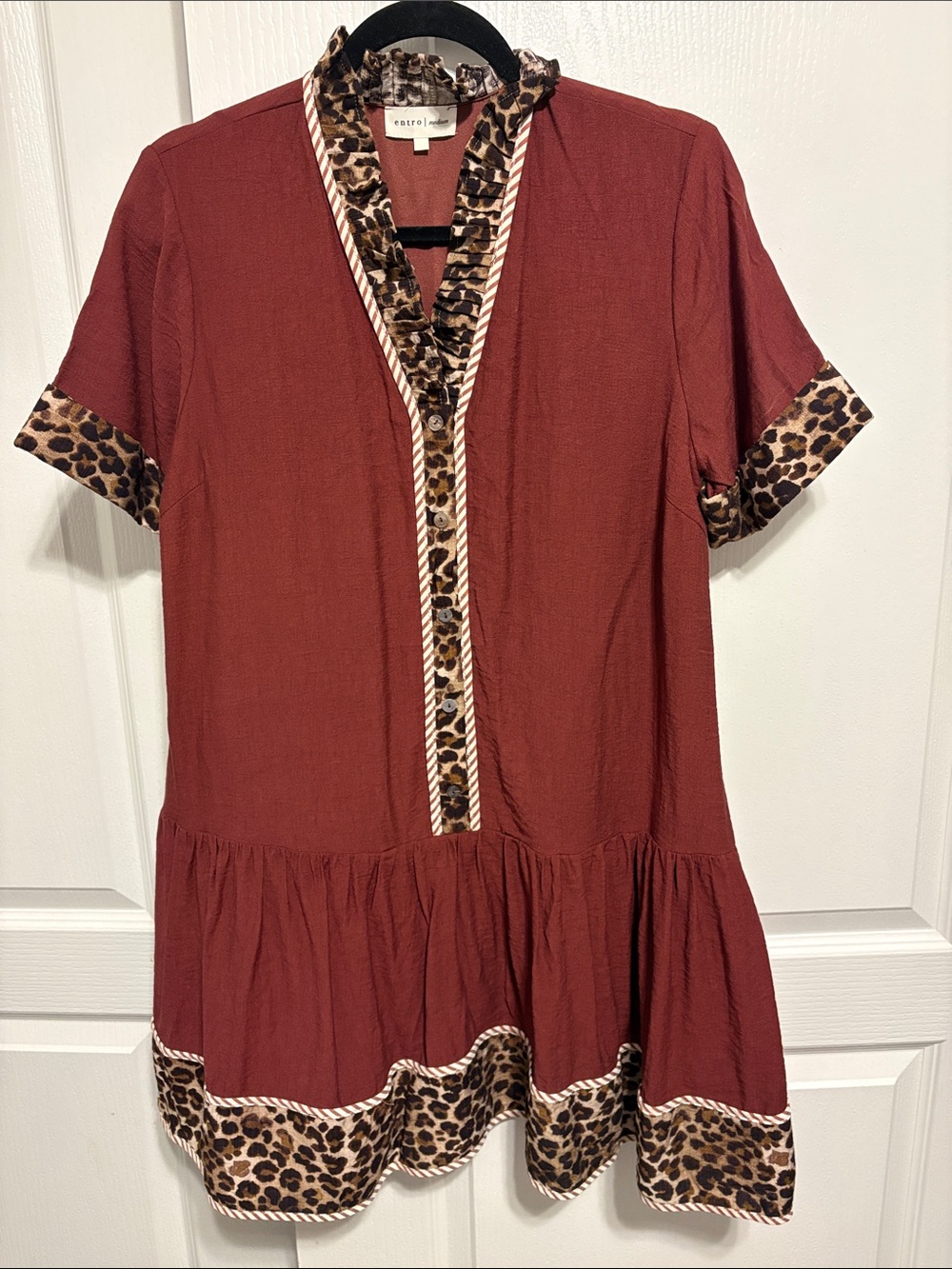 entro Rust Brown Dress with Leopard Trim
